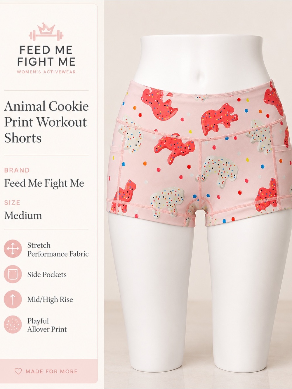 Feed Me Fight Me Pink Cookie Animal Print Athletic Shorts